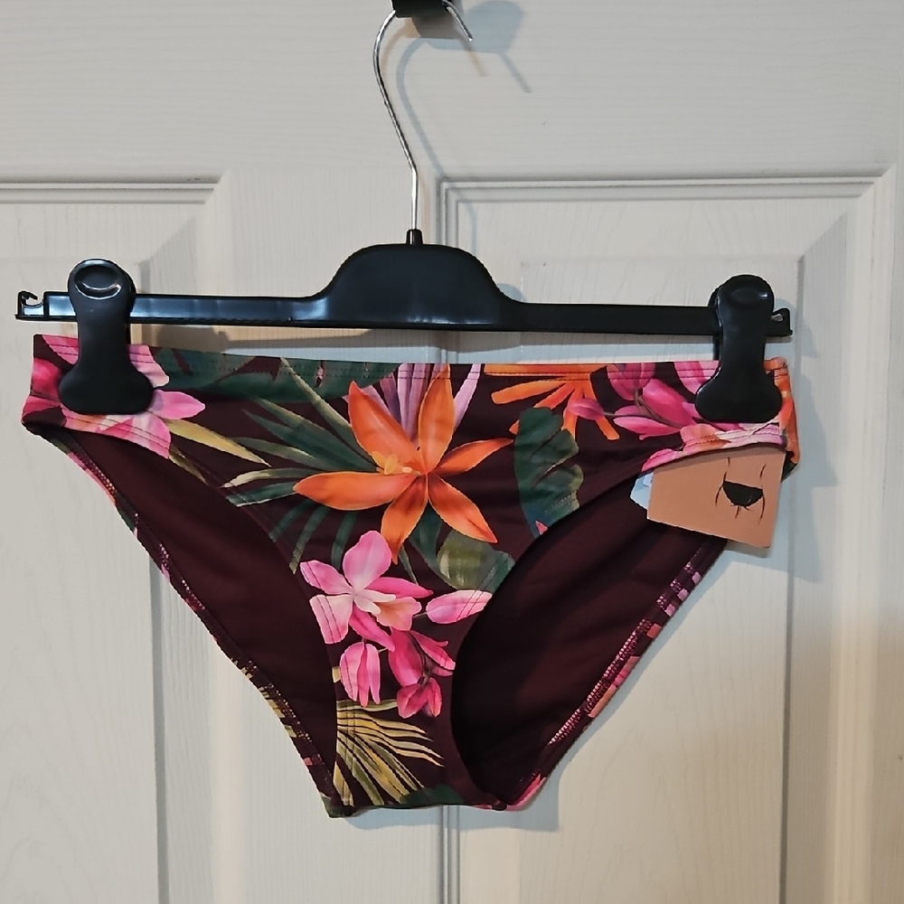 SHADE & SHORE LOW RISE TROPICAL PRINT BIKINI BOTTOM: BURGUNDY: NEW WITH TAGS: S